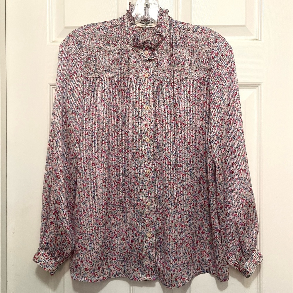 FRANCK OLIVIER White Red Blue Floral Stripe Ruffle Collar Button Blouse Sz M